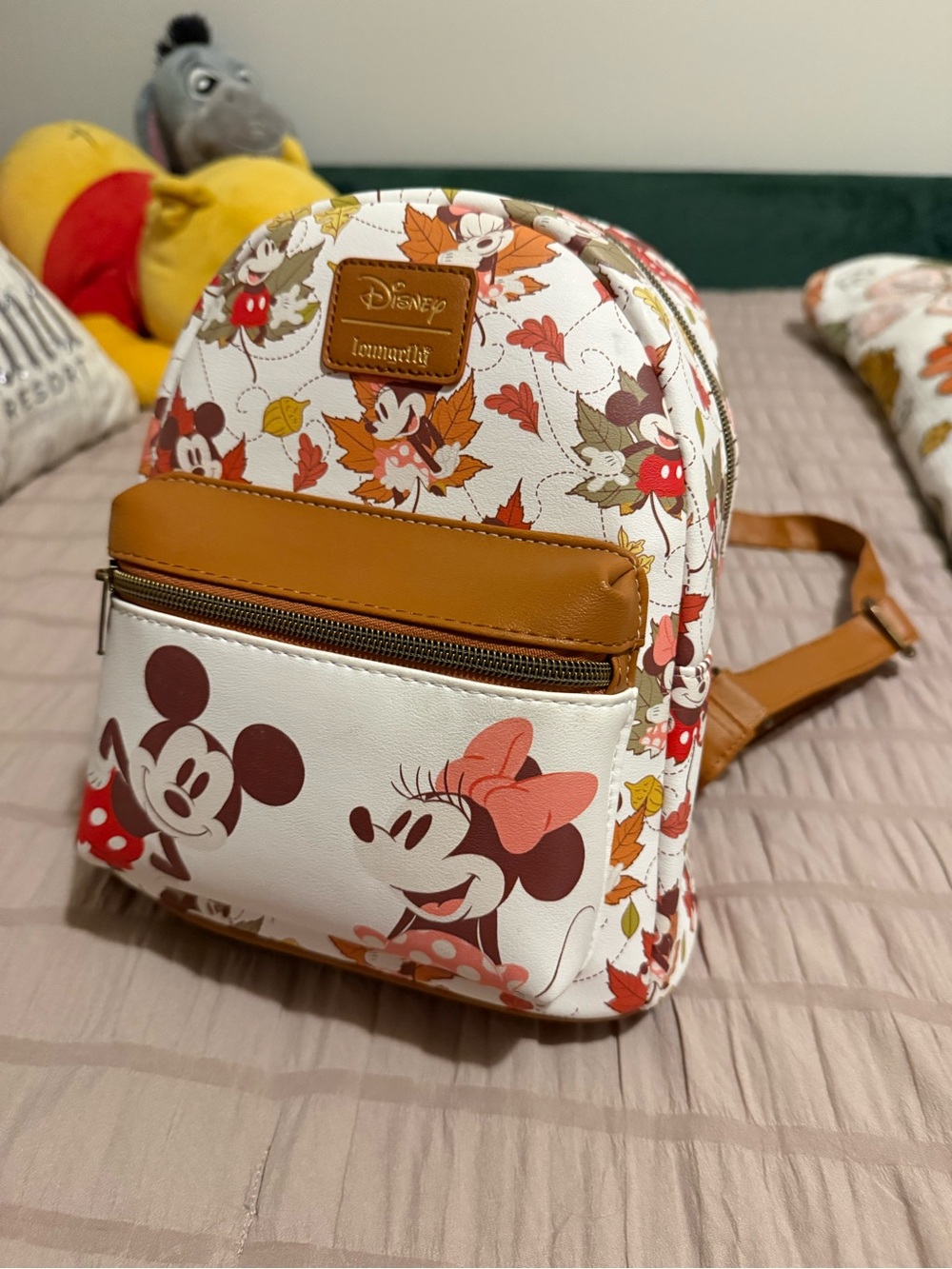 Loungefly White & Tan Minnie & Mickey Autumn Leaves Mini Backpack